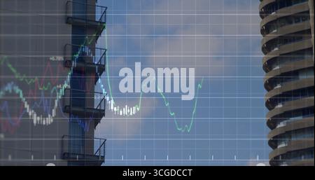 Visualizzazione del grafico a linee finanziarie sovrapposto allo skyline, con scale metalliche e grafici a linee colorate Foto Stock