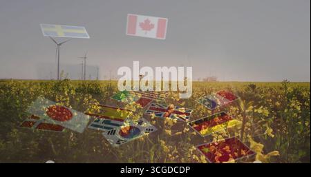 Bandiere nazionali galleggianti che si spostano al di sopra del campo di canola, con turbine eoliche e supporto solare svedese Foto Stock