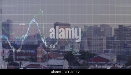 Visualizzazione di grafici finanziari sovrapposti a tetti e torri con grafici a linee colorate sulle palme Foto Stock