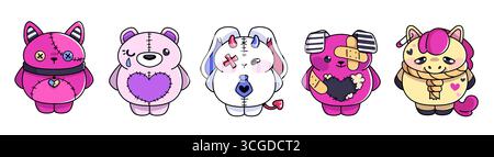 Graziosa collezione di orsetti goth con cuciture e bende, cuori e accessori punk: Personaggi di lusso con stile alternativo. Mascotte horror Kawaii per merchandising audace o adesivi digitali. Illustrazione Vettoriale