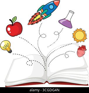 Vettoriale giocoso di un libro aperto con colorate icone di scienza, istruzione e immaginazione su sfondo bianco. Illustrazione Vettoriale
