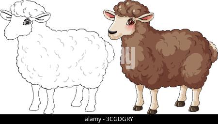 Vettore cartoni animati di pecore brune soffici con contorno coordinato per la colorazione e le attività childrenâs. Illustrazione Vettoriale