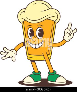 La mascotte in vetro di birra cartoni animati di colore giallo brillante sorride molto mentre mostra il gesto della mano di roccia. Ideale per marchi di birrerie, festival della birra e marketing mater Illustrazione Vettoriale