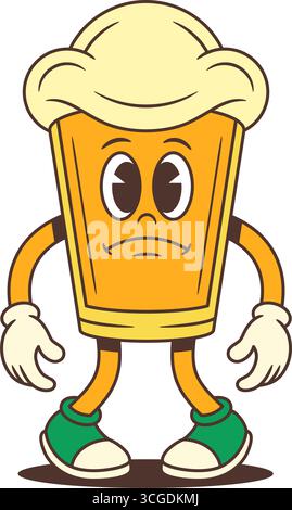 Infelice mascotte in bicchiere di birra a fumetti con grande testa schiumosa in piedi con braccia abbassate e un'espressione delusa. Ideale per marchi e birre Illustrazione Vettoriale
