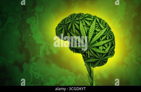 Effetti della cannabis sul cervello e sulla marijuana rischi per la salute o pericoli per il fumo di erba con funzione cognitiva come testa umana con come pentola ricreativa o h Foto Stock