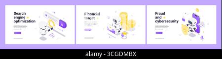 Set di banner Web isometrici con robot ai per l'ottimizzazione dei motori di ricerca, obiettivi di crescita finanziaria, prevenzione delle frodi, protezione della sicurezza informatica, dati Illustrazione Vettoriale