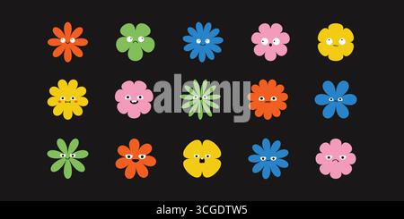 Icone di fiori espressive con vari stati d'animo come gioia, tristezza, sorpresa e rabbia. Un set di illustrazioni stravagante e stilizzato con colori vivaci e. Illustrazione Vettoriale