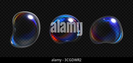 Bolle di sapone d'acqua 3D con riflessi arcobaleno colorati e riflessi su sfondo nero, effetto olografico liquido fluente di gocce d'acqua trasparenti Illustrazione Vettoriale