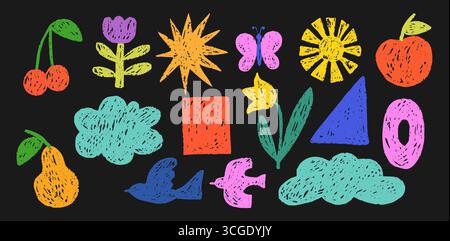 Set di colorate forme a carbone disegnate a mano Illustrazione Vettoriale