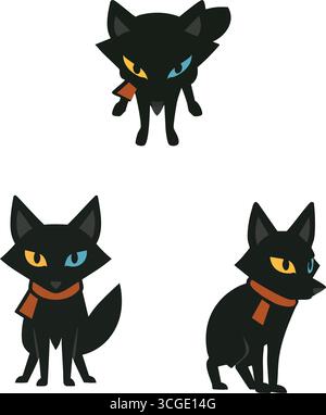 Serie di personaggi di gatti neri eleganti con occhi luminosi e sciarpe colorate, mostrati in diverse pose in piedi e seduti. Illustrazione Vettoriale