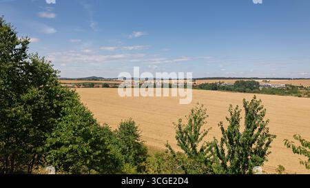 Vista sulla campagna con grano dorato-giallo maturato al sole e in lontananza la città di Thale nella regione di Harz, vicino alle mura del diavolo o in Foto Stock