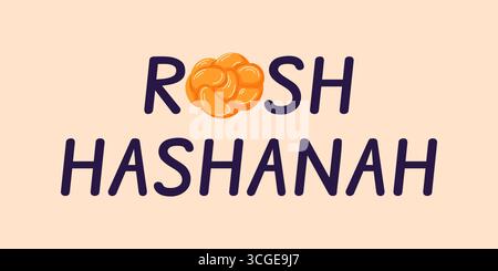 Saluto natalizio Rosh Hashanah con pane per Challenge rotondo in testo festivo su sfondo chiaro. Illustrazione Vettoriale