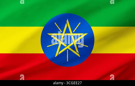 Dettaglio dello sfondo della bandiera dell'Etiopia che occupa l'intera struttura con texture ondulata. Foto Stock