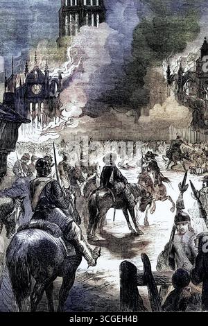 Der Große Brand von London wütete vom Sonntag, 2. Settembre, bis Mittwoch, 5. Settembre 1666, nella den zentralen Teilen der englischen City di Londra. Er zerstörte 13,200 Häuser, 87 Pfarrkirchen und die St. Paul's Cathedral, England, digitale Reproduktion einer historischen Vorlage Foto Stock