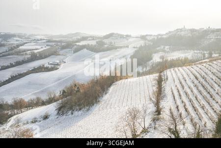 Vigneti innevati a Barolo, piedmonte, Italia Foto Stock