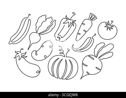 Verdure a linea singola in stile doodle. Collezione di verdure line art. Icone Veggies disegnate a mano, illustrazioni Illustrazione Vettoriale