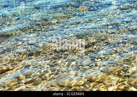 Acqua marina limpida e poco profonda su pietre colorate con riflessi luminosi e ondulazioni a Halkidiki, Grecia. Messa a fuoco selettiva. Foto Stock