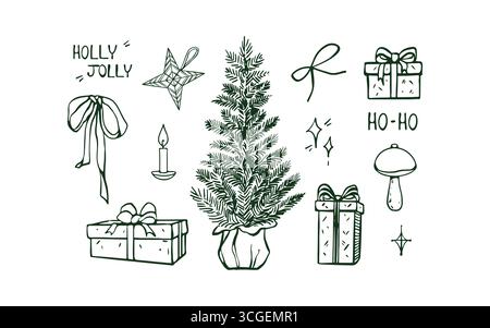 Set di elementi invernali e natalizi. Illustrazione del profilo natalizio. Albero di Natale in vaso, fiocchi, regali, candele, giocattoli per alberi di Natale. Illustrazione monocromatica vintage. Gruppo vettoriale Illustrazione Vettoriale