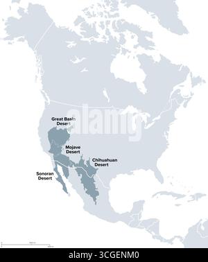 Deserto nordamericano, conosciuto come Big Four, mappa politica. I principali deserti del Nord America, situati negli Stati Uniti occidentali e nel Messico settentrionale. Foto Stock