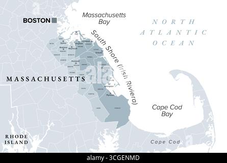 South Shore, conosciuta anche come la Riviera irlandese del Massachusetts, mappa politica grigia. Regione geografica, che si estende da Boston verso Cape Cod. Foto Stock