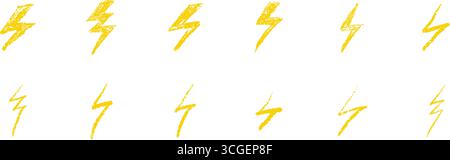 Set di Lightning Bolts Doodle Collection. Icone di tuoni disegnate a mano con gesso e cera, insegne lampeggianti, simboli meteorologici in stile graffiti. Vettore Illustrazione Vettoriale
