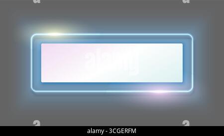 Elegante etichetta bianca astratta con cornice al neon con retroilluminazione blu su sfondo grigio. Modello con logo rettangolare Premium Shine. Intestazione vettoriale Illustrazione Vettoriale