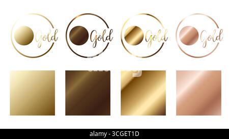 Set di campioni con finitura in lamina oro, bronzo e oro rosa. Modello di sfumatura Vector Golden elegante, lucido e metallizzato per design bordi e cornice Illustrazione Vettoriale