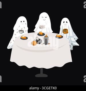 I fantasmi di Halloween incontrano l'illustrazione vettoriale. Simpatici fantasmi seduti al tavolo e bevevano tè con torta di zucca. Scena di festa di Halloween Illustrazione Vettoriale