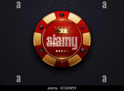 Chip da poker realistico e dorato con emblema di lusso del casinò, corona e abiti da carte su sfondo geometrico scuro. Ideale per il branding dei casinò e per i tornei di poker Illustrazione Vettoriale