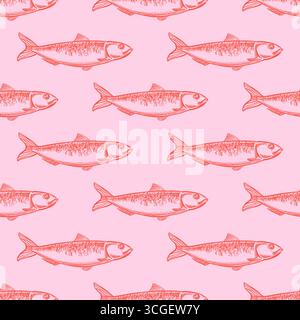 Motivo sardine rosso senza cuciture. Illustrazione dello schizzo disegnato a mano vettoriale. Sfondo rosa per scarabocchi marini. Design per stampa tessile estiva, Beach coa Illustrazione Vettoriale