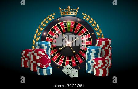 Roulette da casinò realistiche con corona dorata, corona d'alloro, patatine da poker e dadi su sfondo scuro. Promozione casinò di lusso Illustrazione Vettoriale