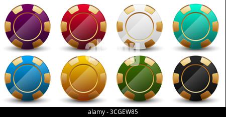 Set di colorate patatine da poker del casinò con un effetto lucido e dettagli dorati. Icone vettoriali di alta qualità per il gioco d'azzardo, le scommesse, i giochi da casinò, Las Vegas Illustrazione Vettoriale