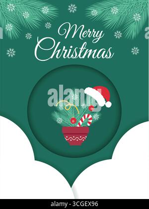 Candy cane Pine ramoscelli cappello di Babbo Natale in vaso di fiori Merry Christmas Composition poster Greetings Paper Cut. Illustrazione vettore isolato biglietti tematici di Natale o Capodanno invito o banner, opuscoli Illustrazione Vettoriale