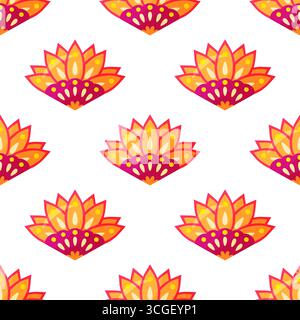 Motivo festivo senza cuciture di fiori di loto colorati su sfondo bianco che simboleggia purezza e bellezza. Questa opera d'arte digitale è perfetta come decorazione Illustrazione Vettoriale