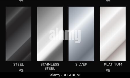 Collezione di campioni in metallo su sfondo nero. Il set vettoriale include campioni in acciaio, acciaio inox, argento e platino. Risorsa essenziale Illustrazione Vettoriale