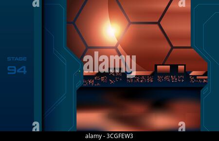 Interni futuristici della sala di controllo fantascientifica con schermo luminoso e finestra esagonale che si affaccia su una stella o un pianeta lontani. Oscura stazione spaziale high-tech Illustrazione Vettoriale