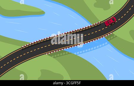 Immagine dall'alto di un'auto rossa che attraversa un ponte curvo che attraversa un fiume blu, circondata da un paesaggio verde. Concetto di trasporto, trave Illustrazione Vettoriale