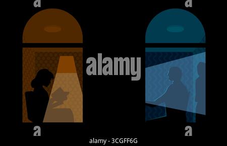 Illustrazione vettoriale di due finestre illuminate di notte, che mostrano le sagome di una donna che legge e di un uomo che lavora al computer. Concetto di privacy, contrasto Illustrazione Vettoriale