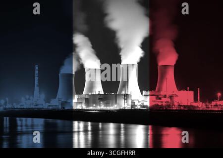 Centrale nucleare con bandiera nazionale francese che simboleggia la produzione di energia pulita Foto Stock