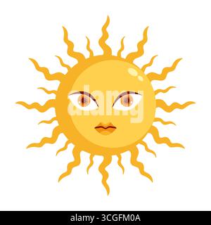 Carattere solare piatto isolato su sfondo bianco. Icona del sole con il volto umano. Illustrazione vettoriale Illustrazione Vettoriale