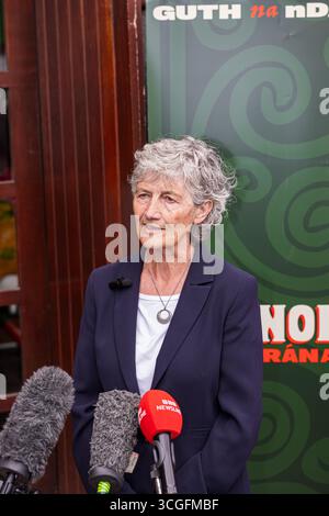 Belfast, Irlanda del Nord. 28 agosto 2025. 28/08/2025 il candidato del presidente irlandese indipendente di Belfast Catherine Connolly visita Belfast Gerry Carroll parlando alla visita di Catherine Connolly a Belfast, ha detto: "Sono lieto di ospitare la candidata presidenziale irlandese, Catherine Connolly TD nella sua visita a West Belfast. Incontreremo gruppi locali e attivisti, oltre a visitare Coláiste Feirste, Raidió Fáilte McAdam' Fiaich, Cultúrlann e i centri femminili Shankill e Falls. Crediti: Bonzo/Alamy Live News Foto Stock