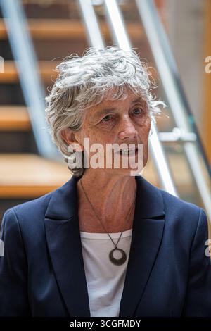 Belfast, Irlanda del Nord. 28 agosto 2025. 28/08/2025 il candidato del presidente irlandese indipendente di Belfast Catherine Connolly visita Belfast Gerry Carroll parlando alla visita di Catherine Connolly a Belfast, ha detto: “Sono lieto di ospitare la candidata presidenziale irlandese, Catherine Connolly TD, durante la sua visita a West Belfast. Ci incontreremo con i gruppi della comunità locale e con i sostenitori della campagna, oltre a visitare i centri femminili di Coláiste Feirste, Raidió Fáilte McAdam Ó Fiaich, Cultúrlann e Shankill e Falls. Crediti: Bonzo/Alamy Live News Foto Stock