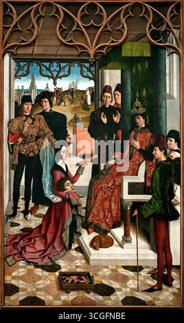 Il giudice dell'imperatore otto: The Acid test 1471 Dirk Diedrick - Dieric Buts 1410-1475 Paesi Bassi olandesi, Museum ( giustizia dell'imperatore otto III: Decapitazione del conte innocente e calvario da fuoco di Dieric Buts circa 1473-1475 ) Dirk Bouts fu il pittore più famoso della città quando, nel 1468, le autorità locali di Lovanio commissionarono questi due pannelli di giustizia. Era consuetudine decorare la sala della giustizia delle sale cittadine con un dipinto edificante che rappresenta una famosa decisione giudiziaria. Foto Stock