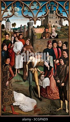 La giustizia dell'Imperatore Ottone: Il martirio del conte innocente 1473 Dirk - Diedrick - Dieric Buts 1410-1475 , giustizia dell'Imperatore Ottone III: Decapitazione del conte innocente e calvario per fuoco Dieric Buts intorno al 1473-1475 ( Dirk Buts era il pittore più famoso della città quando, nel 1468, le autorità locali di Lovanio commissionarono questi due quadri di giustizia. Era consuetudine decorare la sala della giustizia delle sale cittadine con un dipinto edificante che rappresenta una famosa decisione giudiziaria. ) Foto Stock