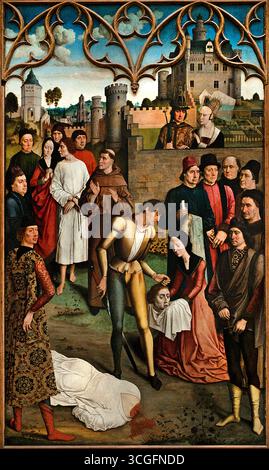 La giustizia dell'Imperatore Ottone: Il martirio del conte innocente 1473 Dirk - Diedrick - Dieric Buts 1410-1475 , giustizia dell'Imperatore Ottone III: Decapitazione del conte innocente e calvario per fuoco Dieric Buts intorno al 1473-1475 ( Dirk Buts era il pittore più famoso della città quando, nel 1468, le autorità locali di Lovanio commissionarono questi due quadri di giustizia. Era consuetudine decorare la sala della giustizia delle sale cittadine con un dipinto edificante che rappresenta una famosa decisione giudiziaria. ) Foto Stock