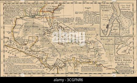 Mappa storica delle Indie occidentali, pubblicata nel 1740 durante la Guerra dell'orecchio di Jenkins (1739-1742). Opuscolo inglese con mappe dei Caraibi e delle principali città spagnole, creato per costruire il sostegno alla guerra contro la Spagna e incoraggiare la conquista dell'Avana, Cuba. Include inserti di San Augustin, Florida, e la Baia di Honda, Cuba. Foto Stock