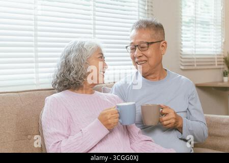 Coppia felice che trascorre del tempo insieme in una casa moderna e accogliente. Stanno facendo una conversazione, bevendo un caffè mentre la moglie si siede su un divano e.. Foto Stock
