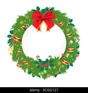 Graziosa e realistica cornice rotonda con spazio di copia per gli auguri di Natale. Modello cartolina. Pine e holly si diramano con una serie di decorazioni natalizie Illustrazione Vettoriale