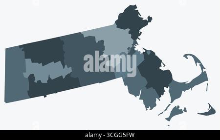 Mappa del Massachusetts con le contee. Solo una semplice mappa del confine di stato con la divisione della contea. Tavolozza dei colori blu/grigio. Illustrazione Vettoriale
