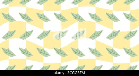Modello per imbarcazioni in carta Origami senza cuciture. Barche di carta origami verdi in stile cartoni animati piatti. Motivo giocoso senza interruzioni su sfondo giallo e bianco. Illustrazione Vettoriale